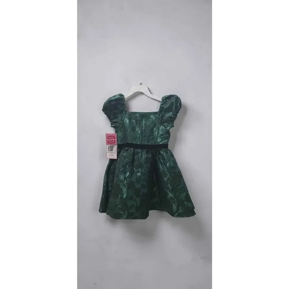 Rare Editions Green Floral Jacquard Puff Sleeve Bow Girls Dress 6 Knee